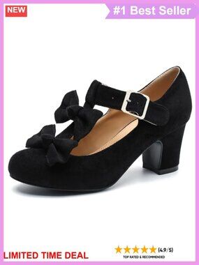 Women's Bow T-Strap Mary Jane Pumps Block Heel Synthetic Suede